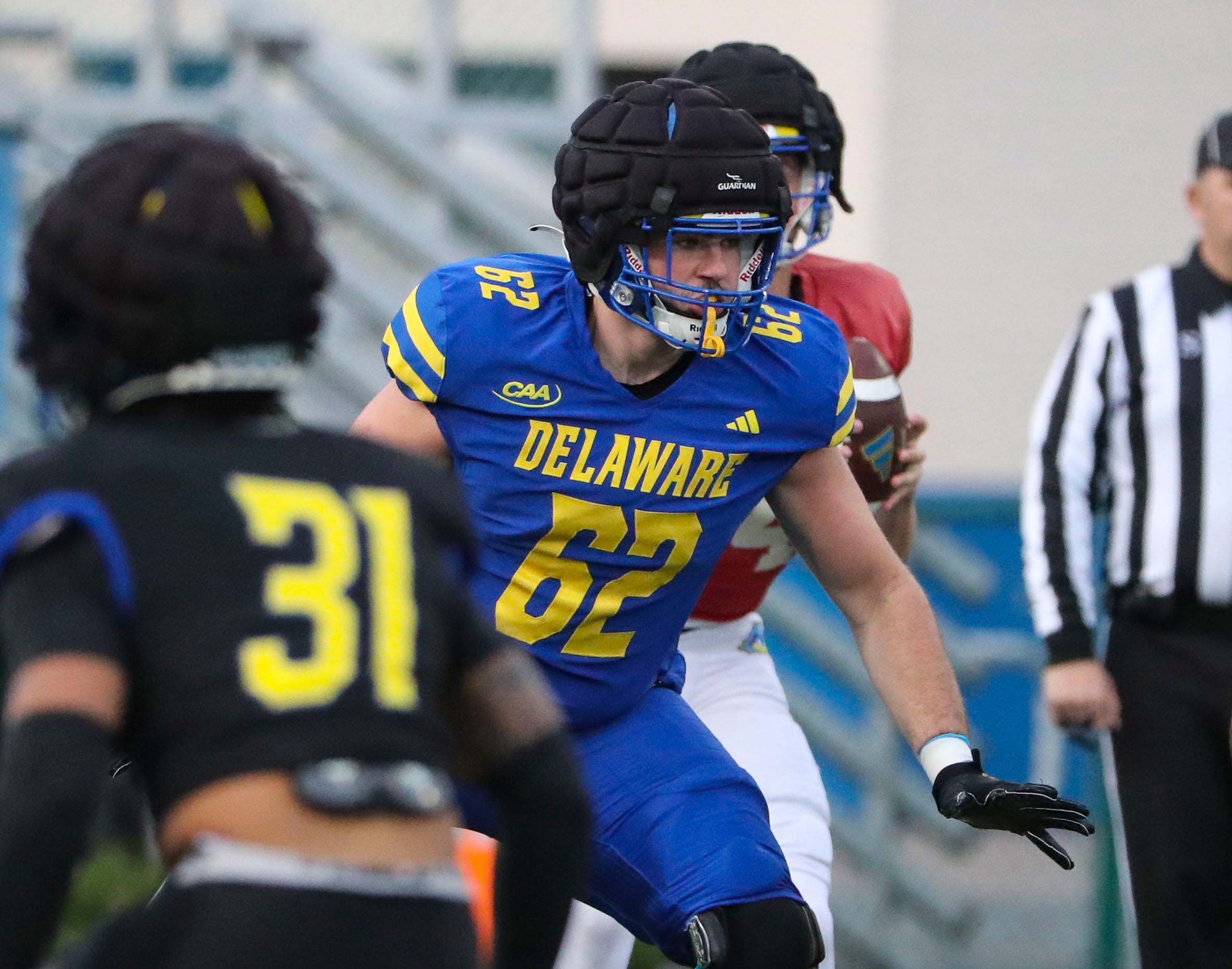 Delaware offensive lineman Anthony Caccese is set to block during the Blue and White Spring Game at Delaware Stadium, Friday, April 19, 2024.