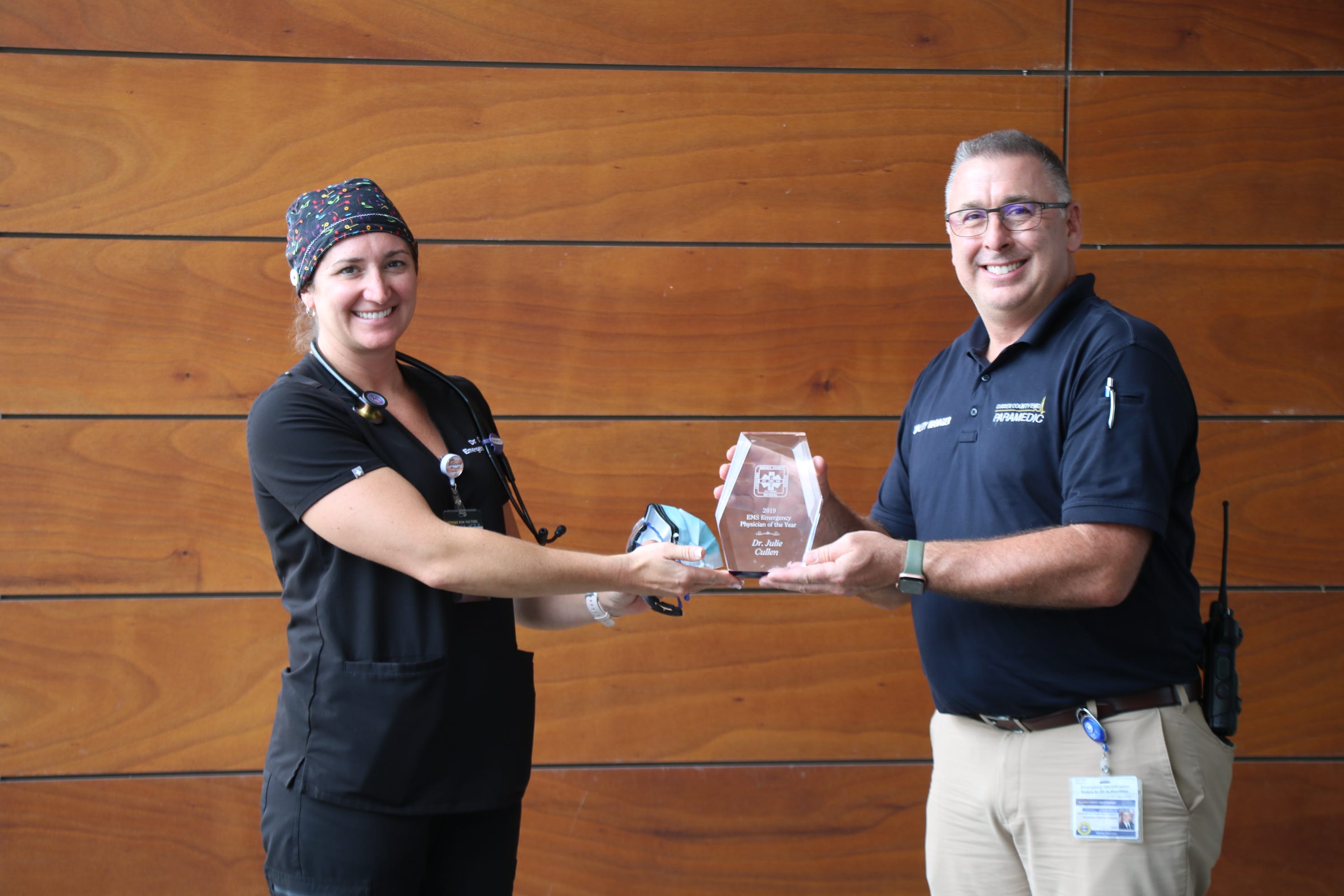 Julie Cullen, assistant medical director at Bayhealth Emergency and Trauma Center, Sussex Campus, was recognized as 2019 Emergency Physician of the Year by Sussex County Emergency Medical Services Director Robert Murrary.
